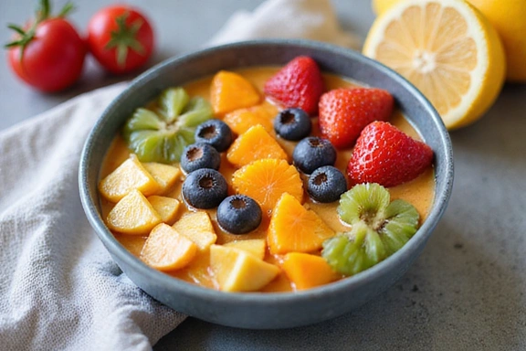 Immagine di una ciotola di smoothie colorata con frutta fresca