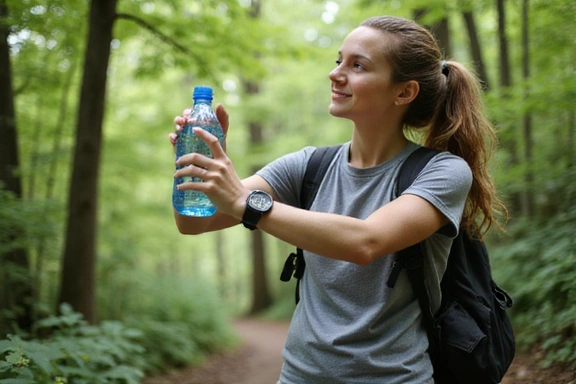 Immagine di una persona che beve acqua da una bottiglia riutilizzabile durante un'escursione