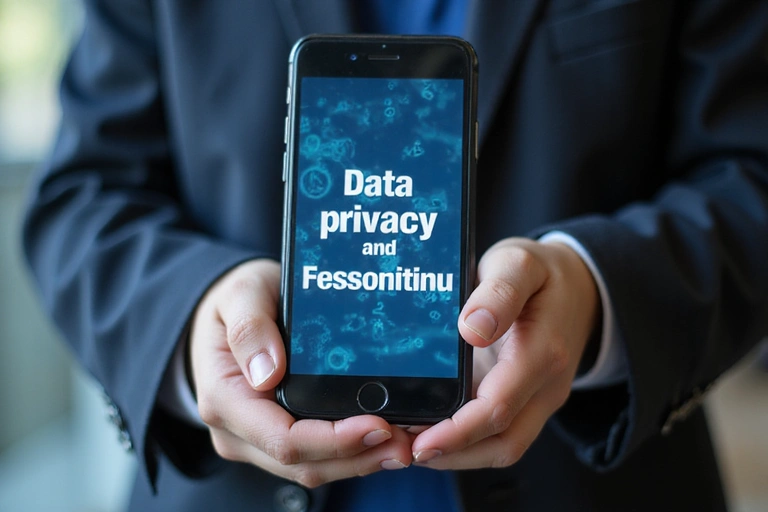 Hands holding a smartphone with privacy text on screen, symbolizing data protection and digital privacy.