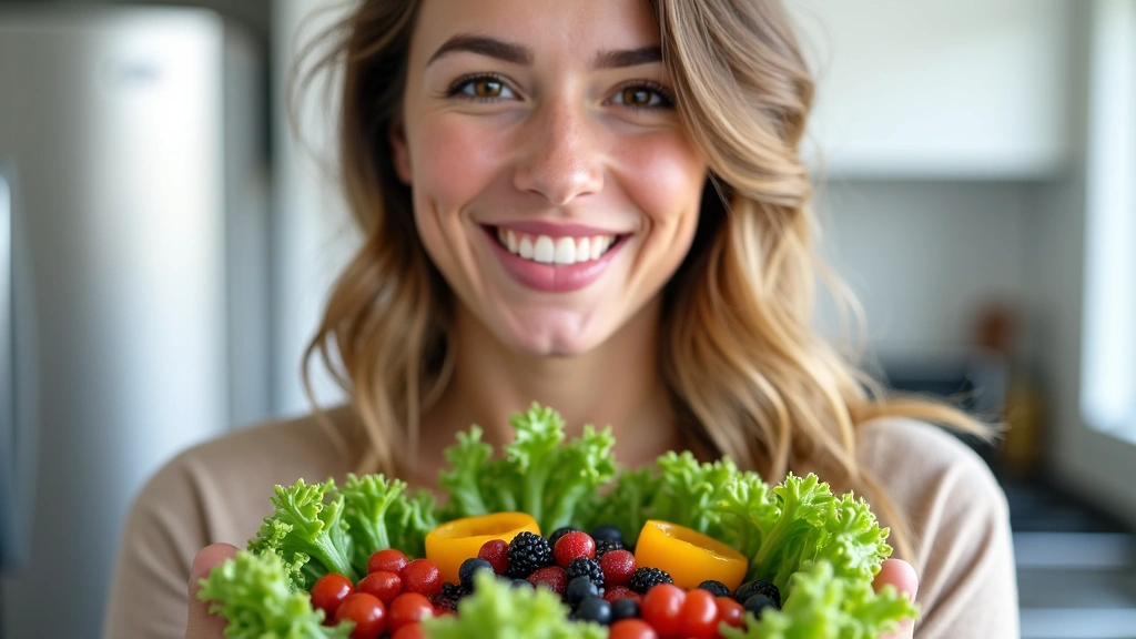 Persona sorridente e sana che mangia un'insalata ricca di verdure fresche