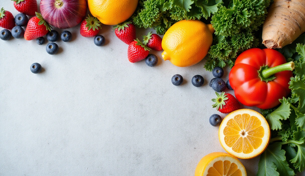 Varietà di frutta e verdura disposta artisticamente per mostrare una dieta equilibrata